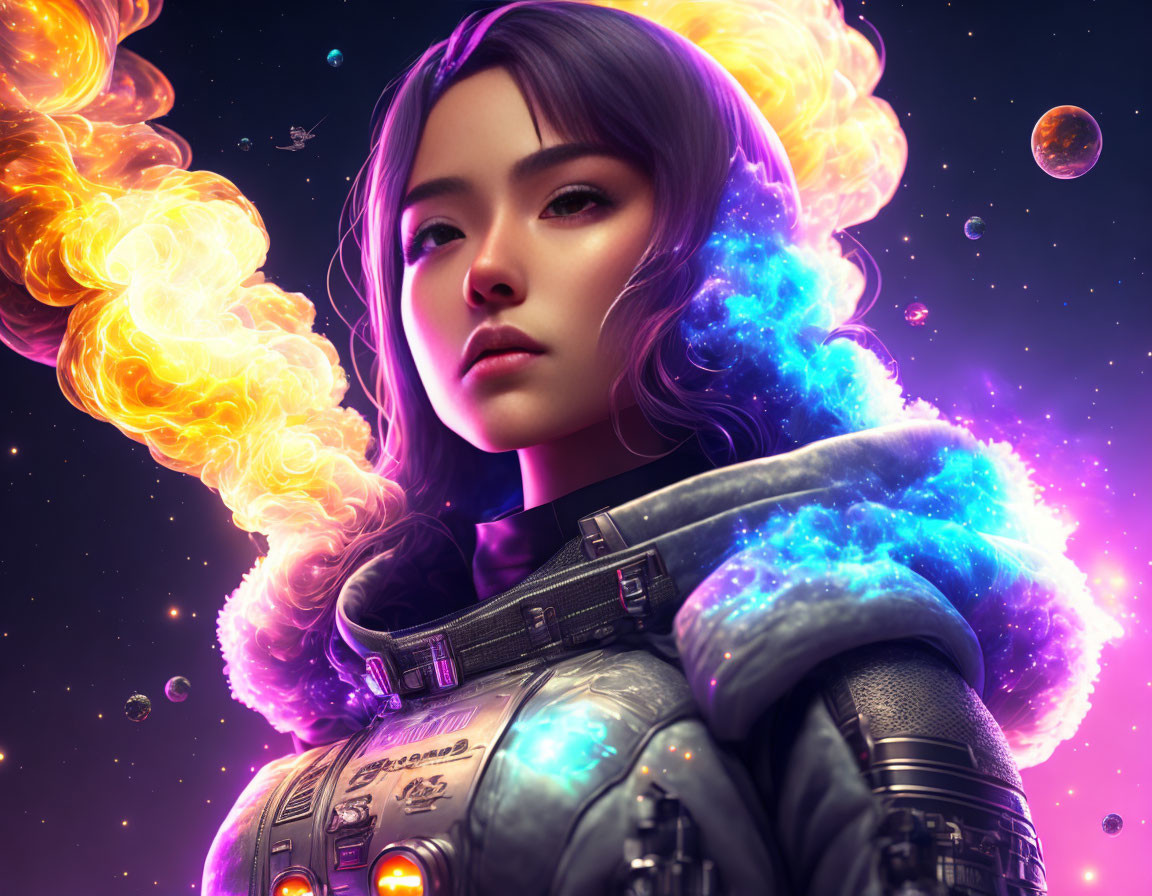 Futuristic female astronaut with colorful nebula hair in cosmic scene