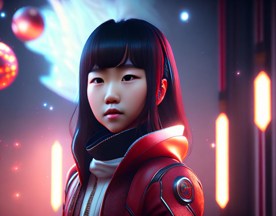 Dark-haired girl in futuristic red and white suit with glowing elements.