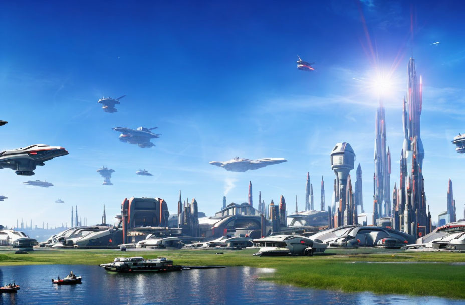 Futuristic cityscape with sleek skyscrapers and flying vehicles