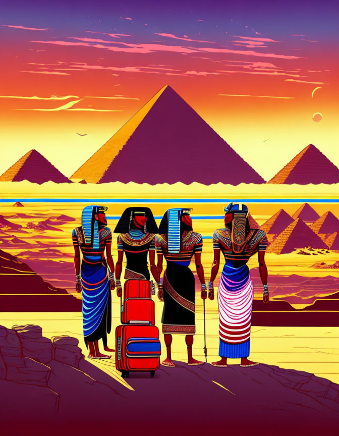 Stylized characters in Egyptian attire with luggage at sunset by pyramids