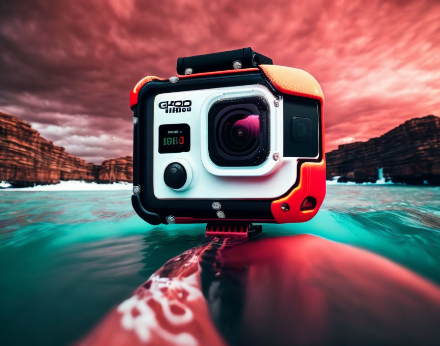 Waterproof action camera half-submerged in water with dramatic red skies and cliff faces.