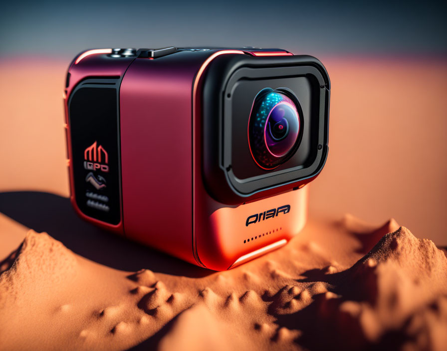 Red and Black Wide-Angle Action Camera on Sandy Desert Surface at Sunset