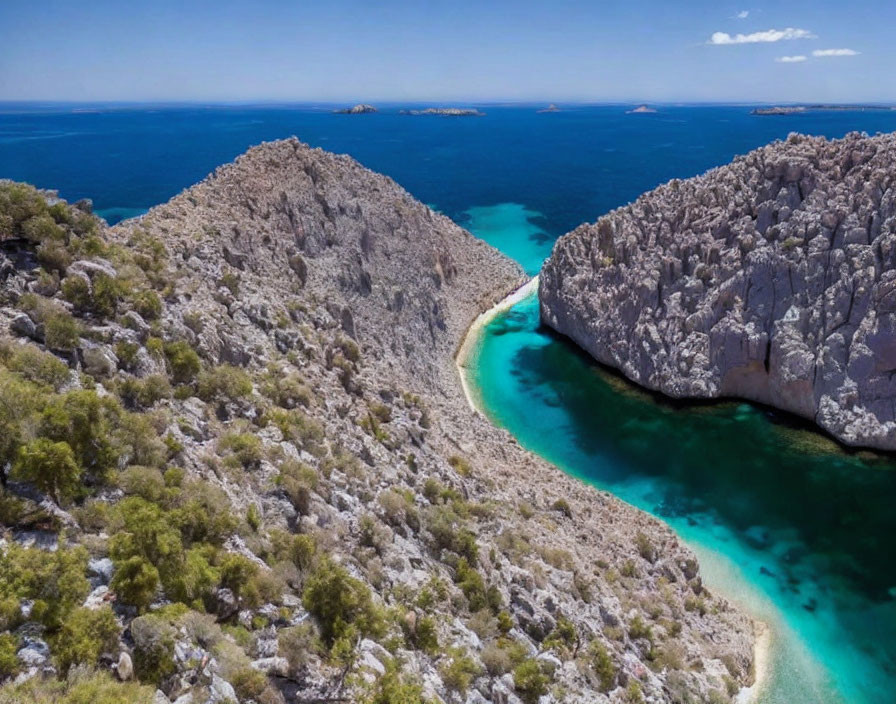 Narrow Beach Between Rocky Cliffs, Turquoise Sea & Distant Islands