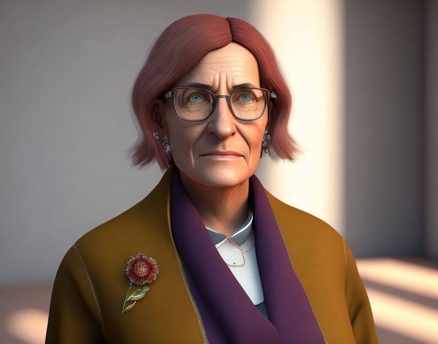 Detailed 3D illustration of elderly woman with pink hair, glasses, gold jacket, purple scarf,