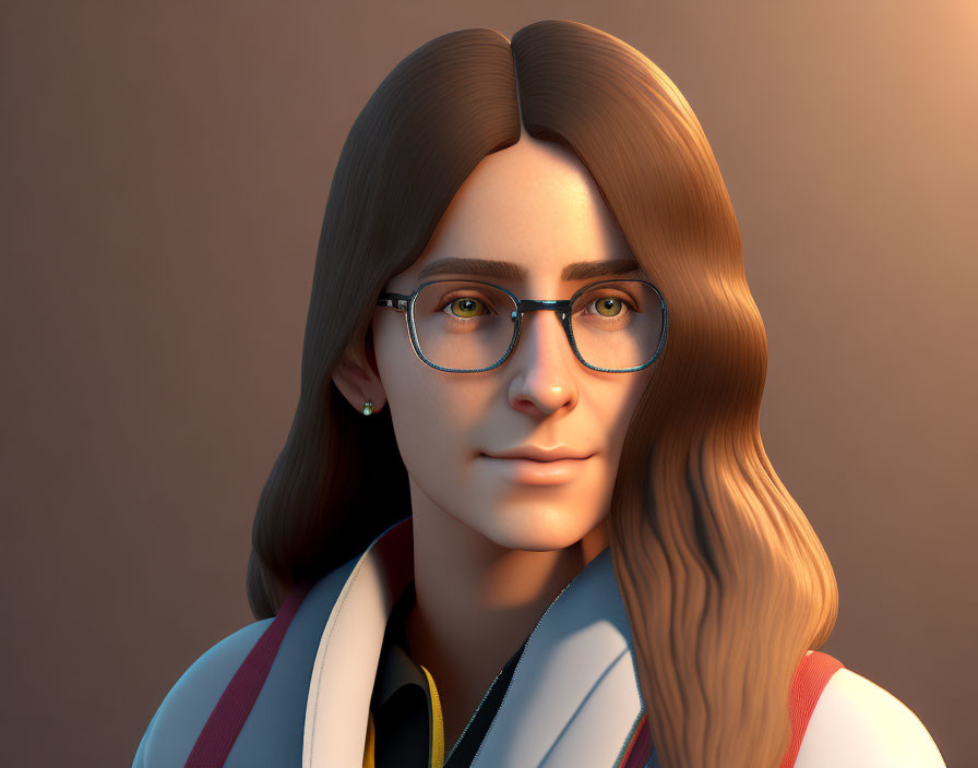 Young person with long hair, glasses, and white coat in 3D rendering