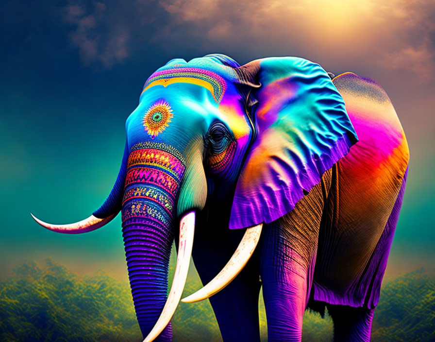 Colorful Elephant with Intricate Patterns in Sunset Sky