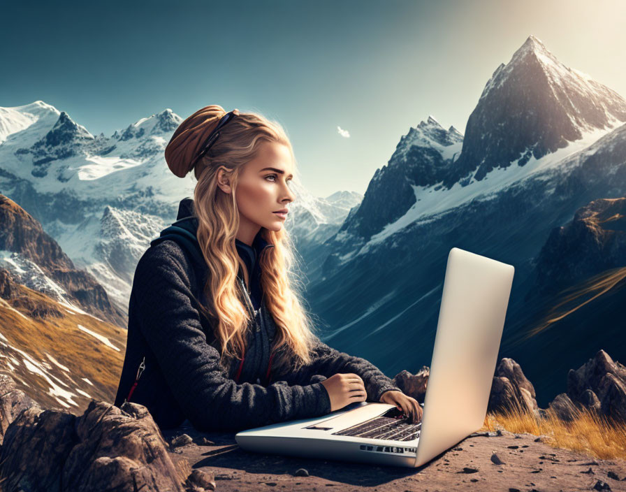 Woman with headband using laptop against snowy mountains