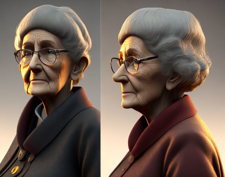 Elderly woman with glasses in dual portraits on warm backdrop