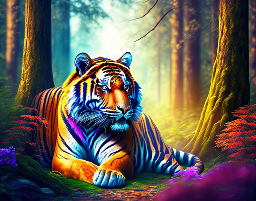 Color-enhanced tiger in neon forest with purple foliage & blue light