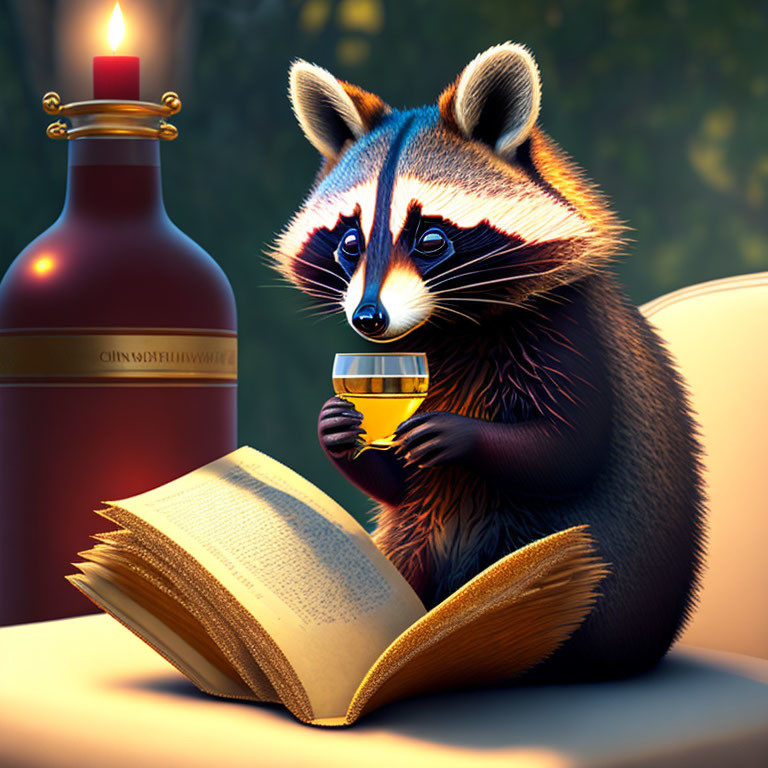 Raccoon with wine glass reading book by candlelight