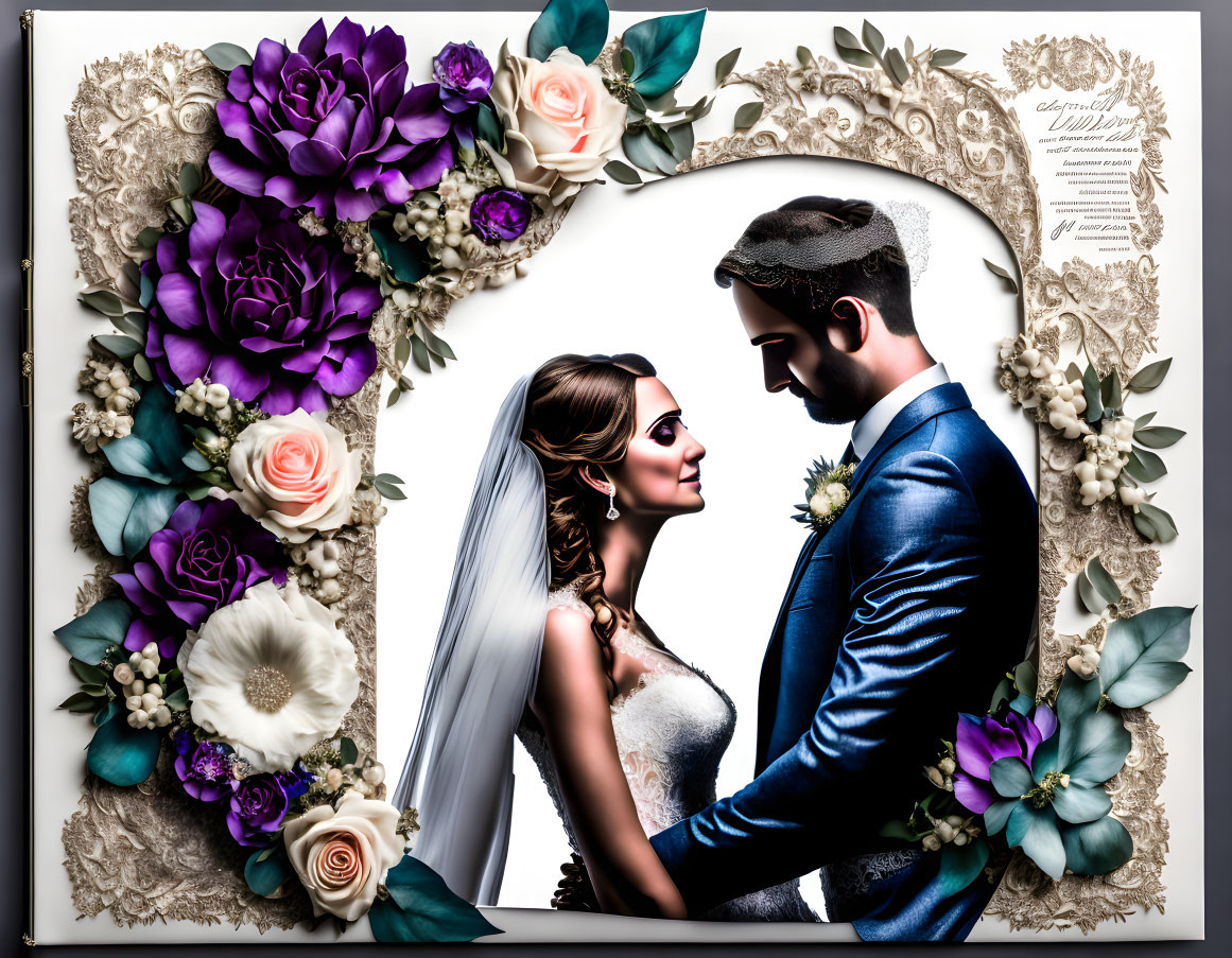 Bride and groom portrait with heart-shaped floral arrangement