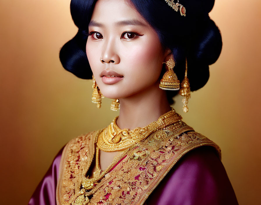 Traditional Attire Woman with Gold Jewelry and Elaborate Hairstyle