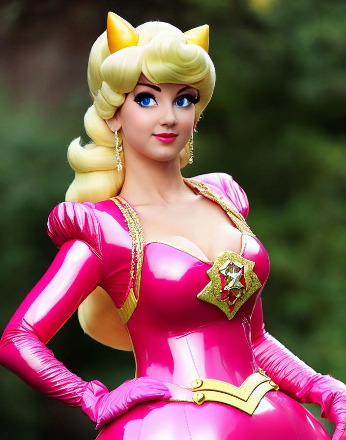 Cosplayer in Princess Peach costume with pink dress and gold crown