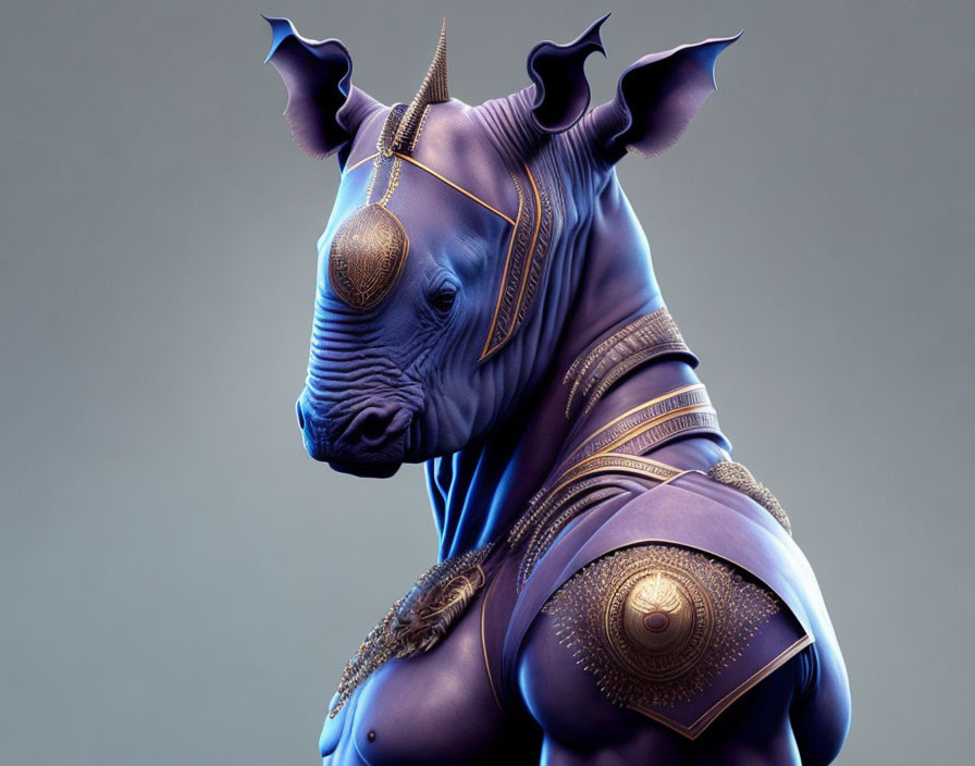 Stylized anthropomorphic rhinoceros in ornate armor and golden embellishments