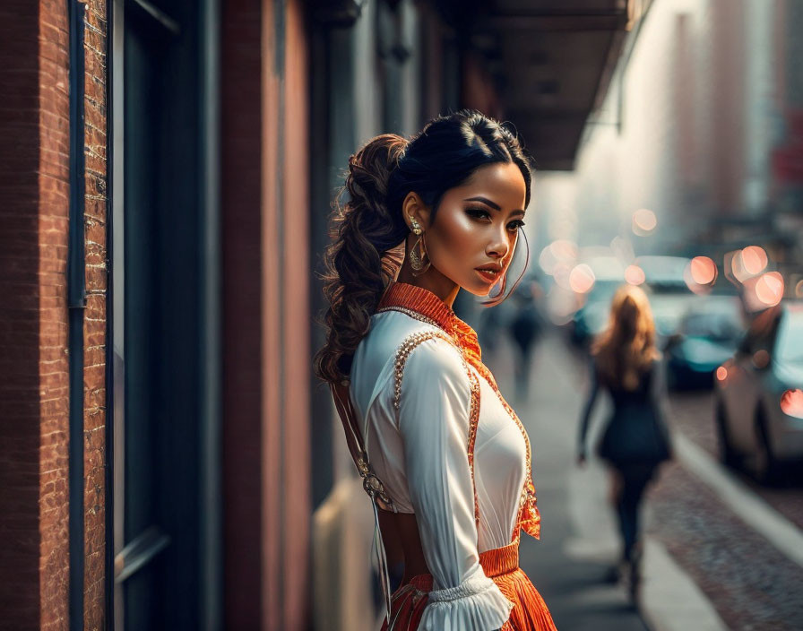 Elegant woman with ornate blouse in city street at dusk