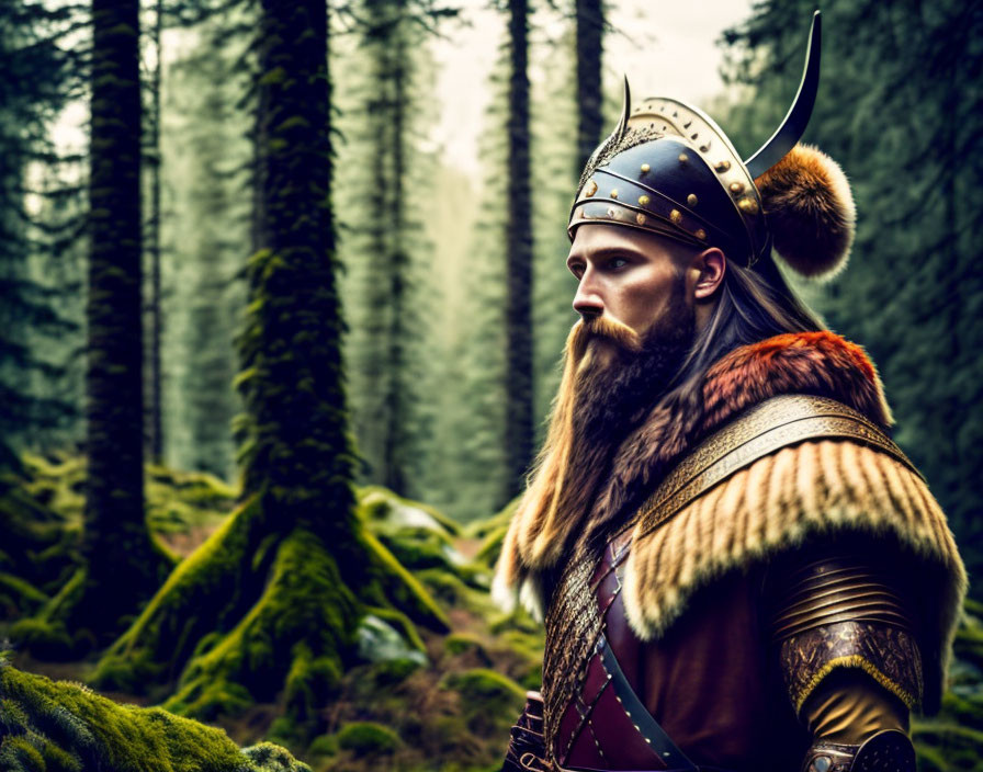 Viking warrior in helmet and fur cloak in misty forest