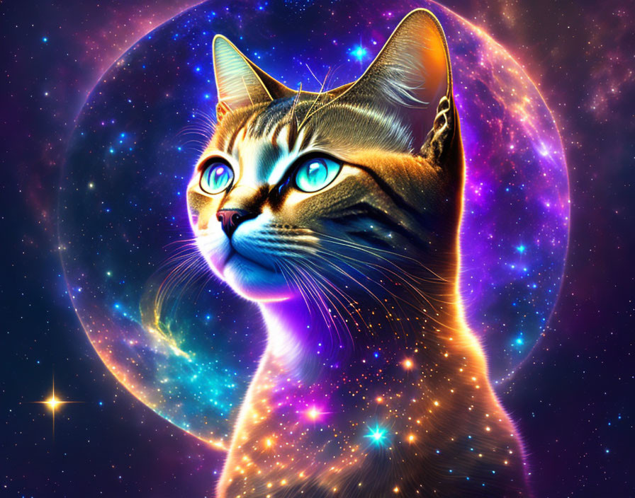 Colorful digital artwork: Cosmic cat against galaxy backdrop