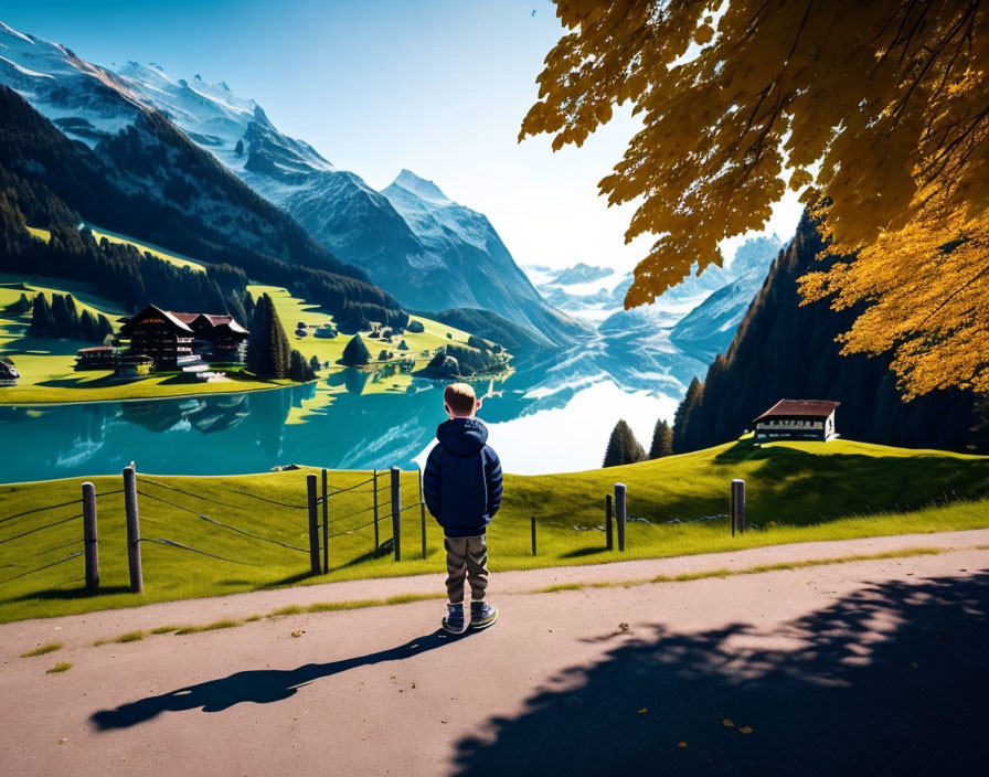 Person admires alpine lake, autumn trees, mountains, and Swiss-style houses under blue sky
