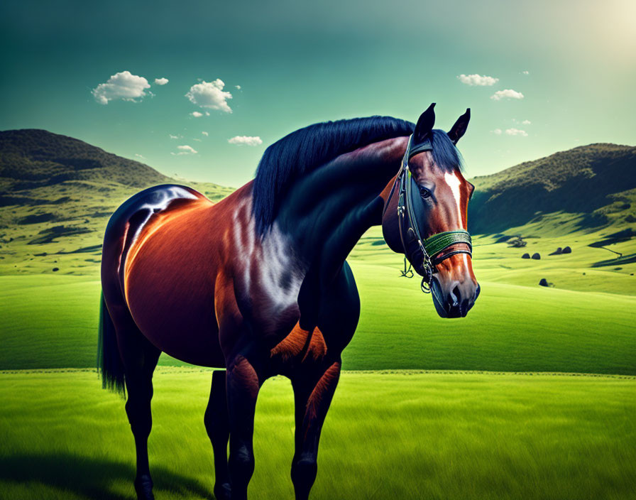 Brown horse with dark mane in green field under blue sky