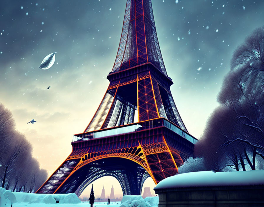 Eiffel Tower in snowy landscape with crescent moon and flying birds