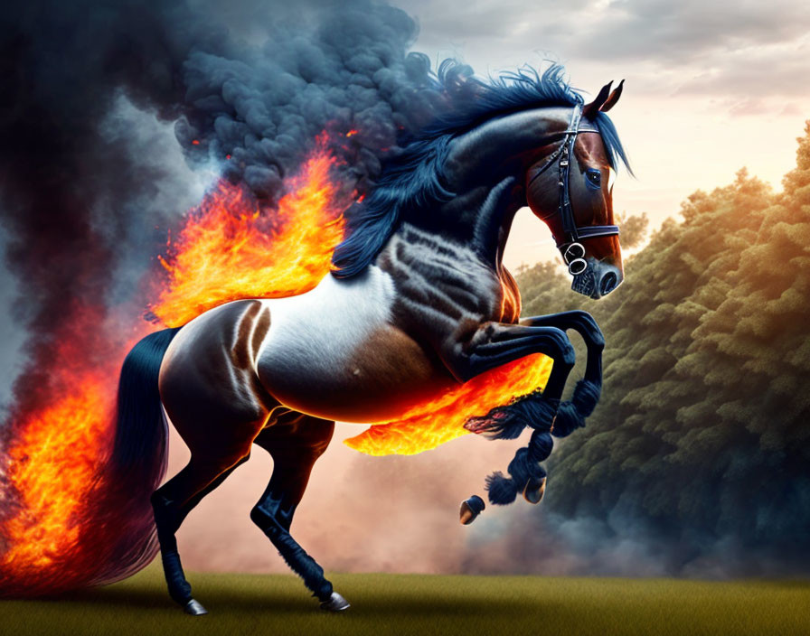 Majestic black and white horse rearing in fiery scene