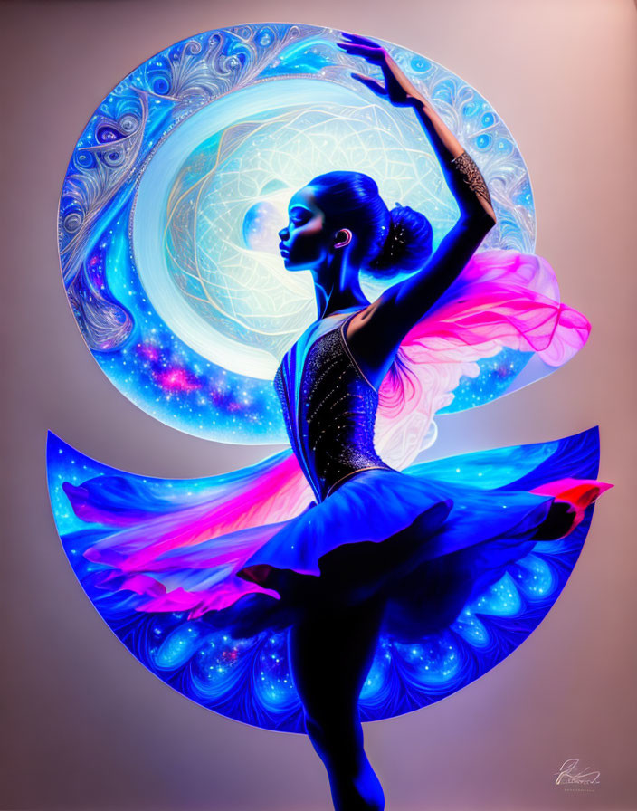 Vibrant cosmic and floral ballerina digital artwork in blues and pinks