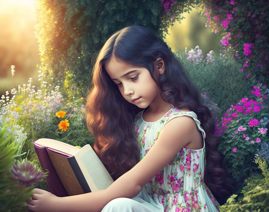 Young girl reading book in lush garden with sunlight.