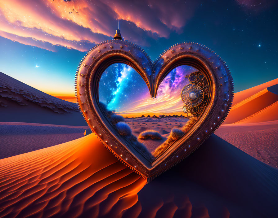 Heart-shaped frame with mechanical gears in desert twilight.