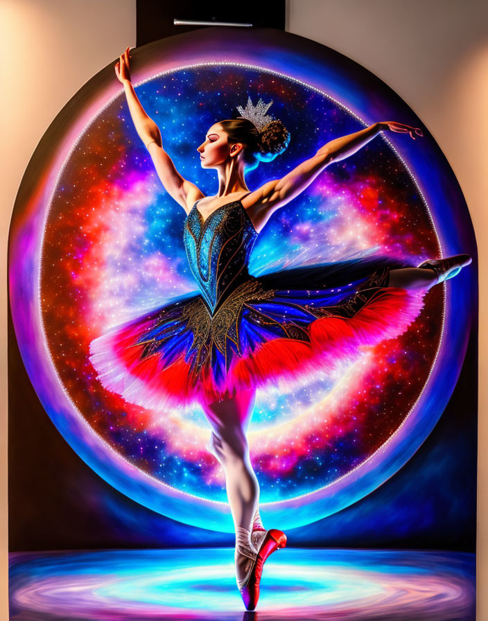 Ballerina in Sparkling Tutu Poses Against Cosmic Background