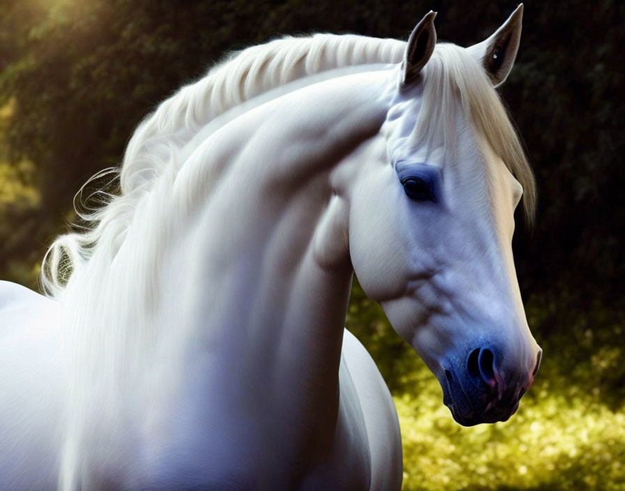 Majestic white horse with flowing mane and blue eyes in dappled sunlight