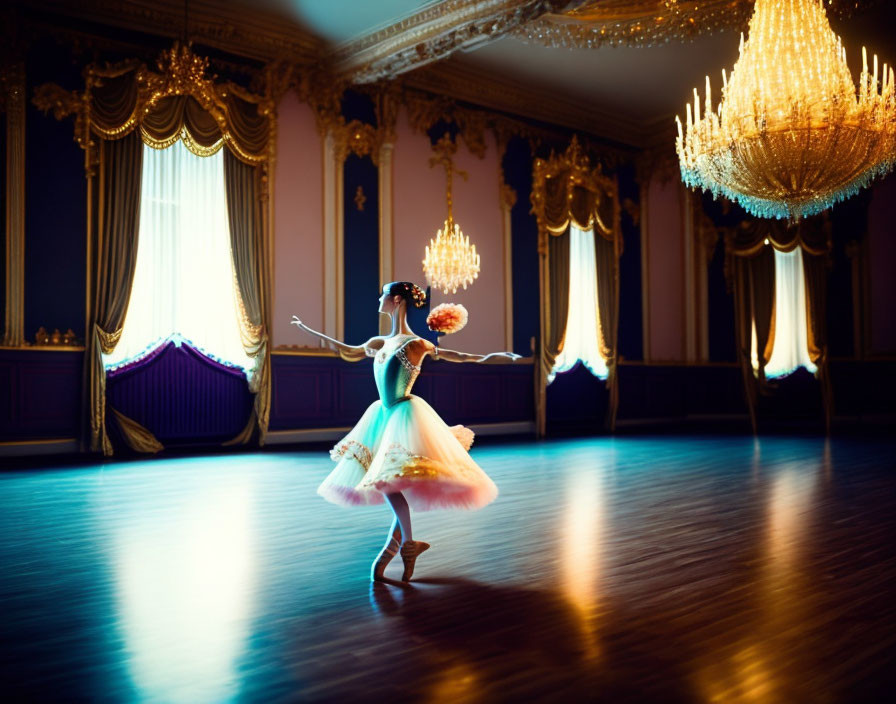 Ballerina pirouetting in luxurious, opulent room