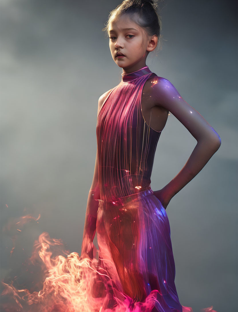 Futuristic girl in glowing dress with fire-like light on cloudy background