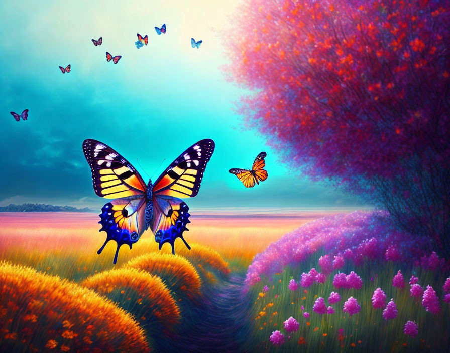 Colorful butterflies in surreal landscape with purple and orange floral field under dusk sky