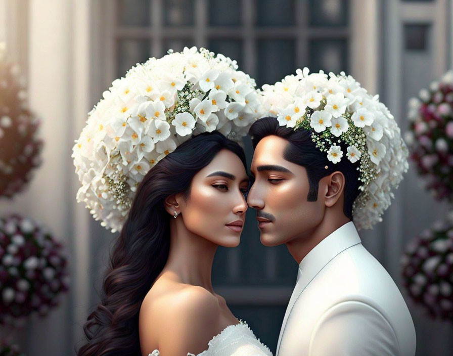 Illustration of couple in wedding attire with large floral headdresses, elegant building backdrop