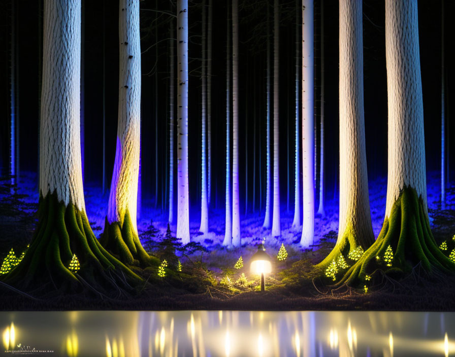 Nighttime forest scene with illuminated trees, glowing lamp, and water reflection.