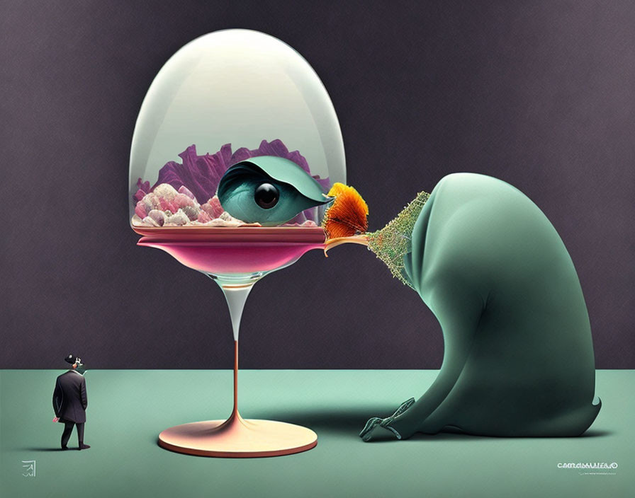 Surreal artwork featuring bird-like creature and man observing cocktail glass