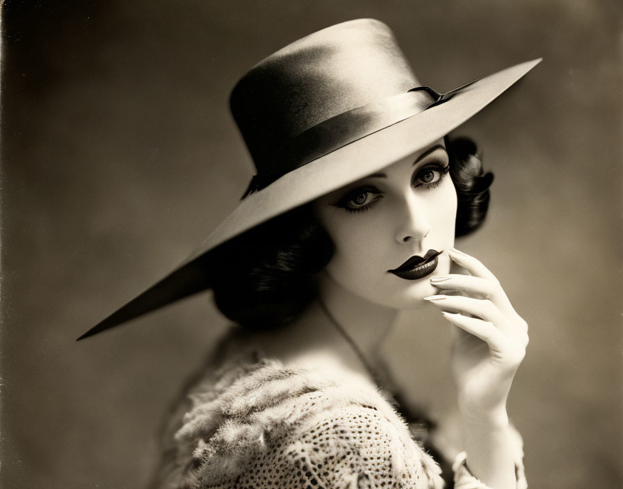 Vintage Black and White Photo: Woman in Large Brimmed Hat with Dark Lipstick