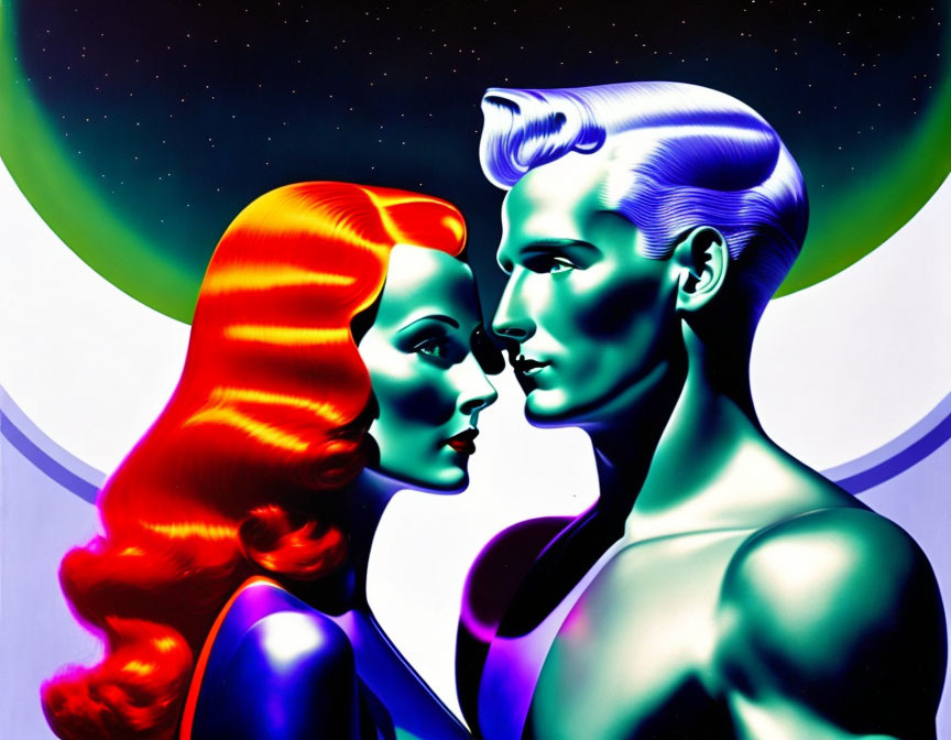 Colorful Stylized Man and Woman in Vibrant Illustration on Aurora Background