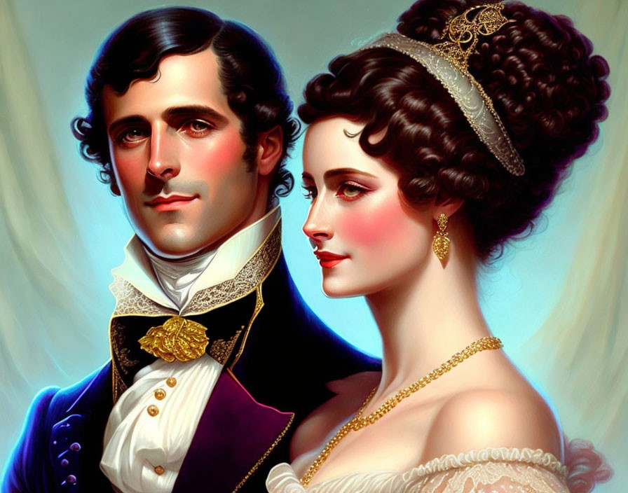 Stylized portrait of regal couple in blue coat and off-shoulder dress gazes eleg