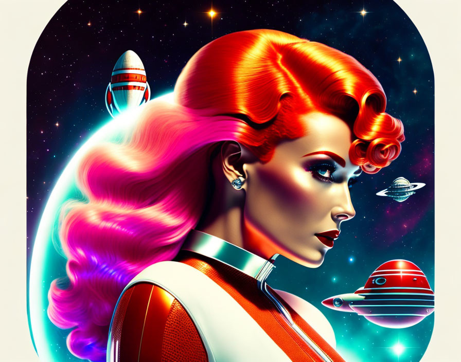 Retro-futuristic illustration of woman with pink hair in spacesuit