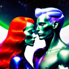 Colorful Stylized Man and Woman in Vibrant Illustration on Aurora Background