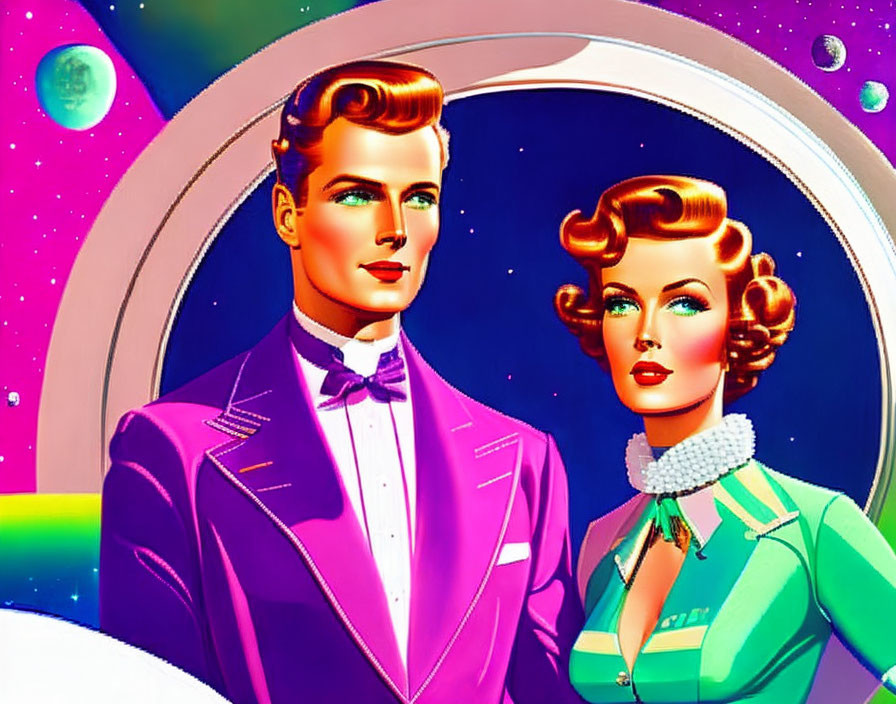 Illustration of retro-futuristic couple in purple and green attire against space backdrop