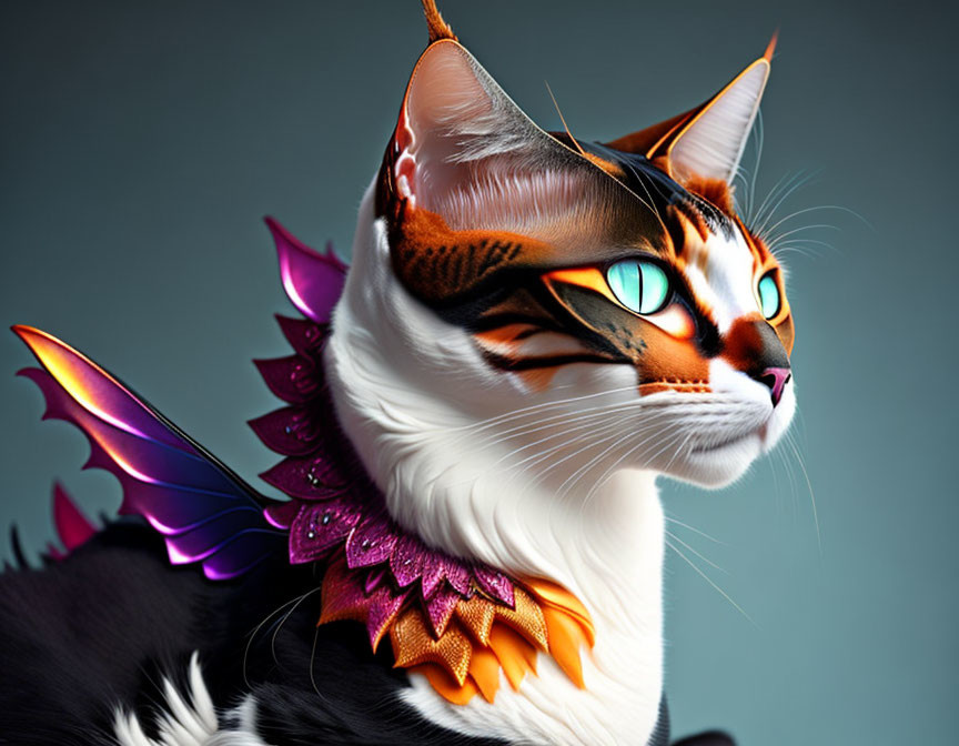 Digital artwork of majestic cat with vibrant orange eyes in fantasy-style armor