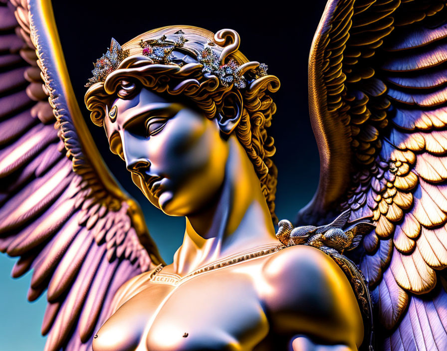 Golden angel statue with detailed wings and crown on blue gradient background