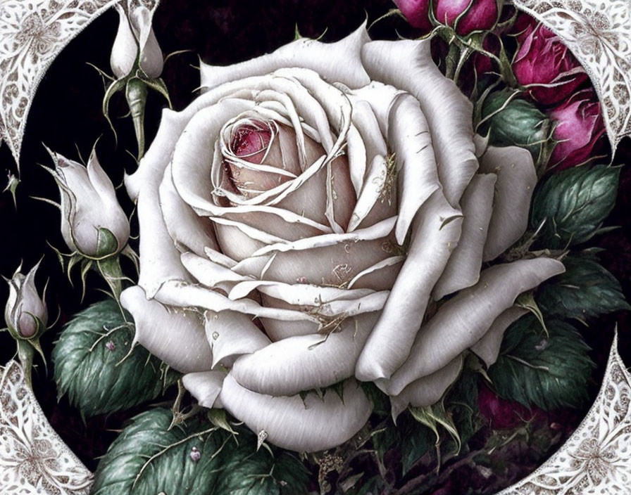 Digitally altered image: Rose with human fingers as petals surrounded by green leaves.