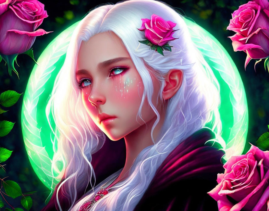 White-Haired Girl with Rose Hair Accessories and Green Halo Background