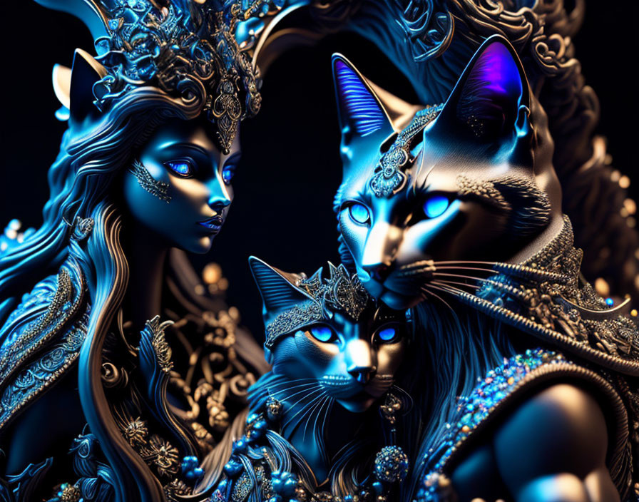 Regal female figure with ornate headwear and majestic cats in shades of blue and black