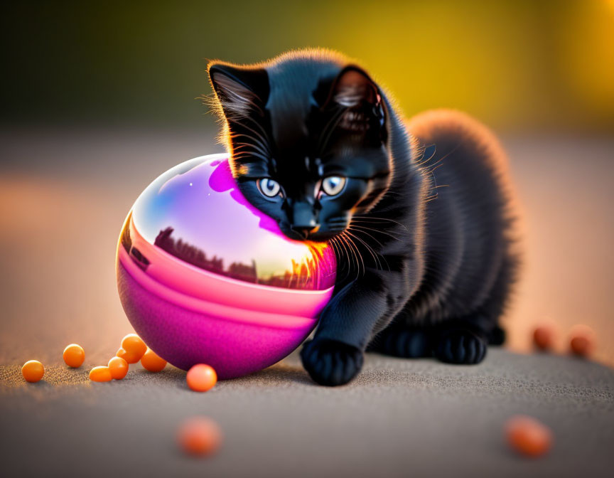 Curious Black Kitten with Amber Eyes and Reflective Sphere