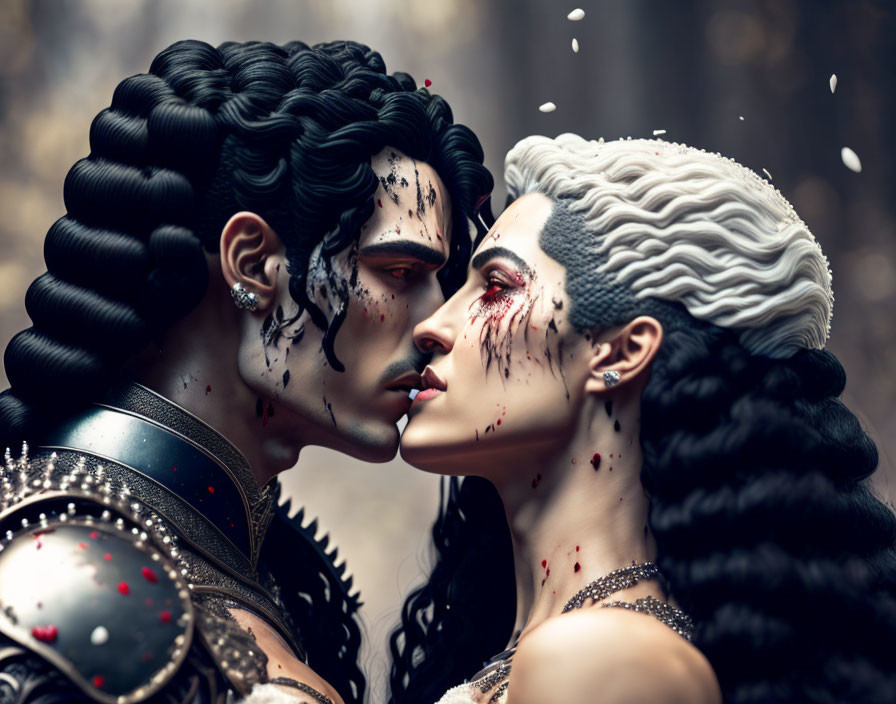 Fantasy characters with elaborate hairstyles and dark, blood-splattered makeup in intimate gaze