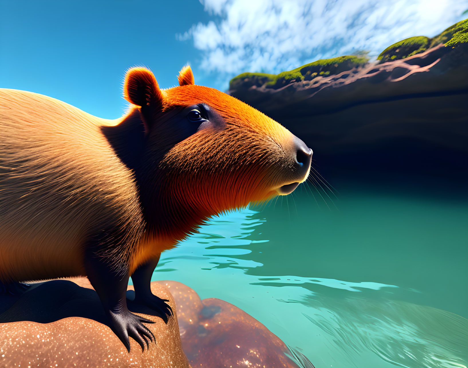 Capybara by tranquil water with lush landscape